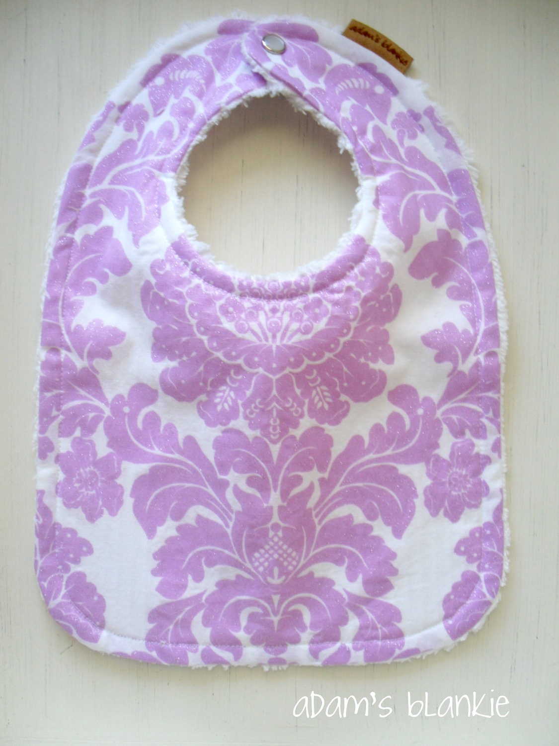 Sparkly Lavender Damask - Baby Bib - Chenille and Pearl Snap - OR Design Your Own