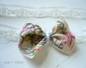 The Harlow - French Floral and Script Headband - Raw Vintage Inspired - Bow Lace - Baby Infant Newborn Girls Adults - Photo Prop