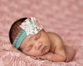 Layla Ruffled Headband - Cream Lace Pink Rosette Aqua Blue Pearl - Vintage Inspired - Girls Newborns Baby Infant Adults