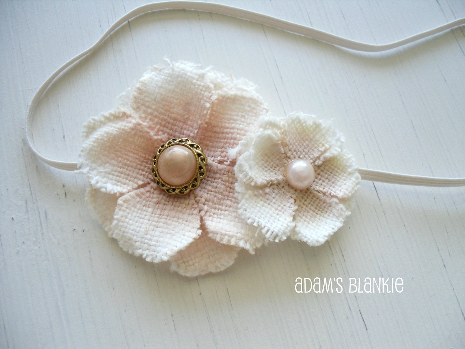 LAST ONE - Baby Burlap - Skinny Headband - Vintage Style - Ivory Cream Peach Nude - Button Pearl Center- Girls Newborns Baby Infant Adults
