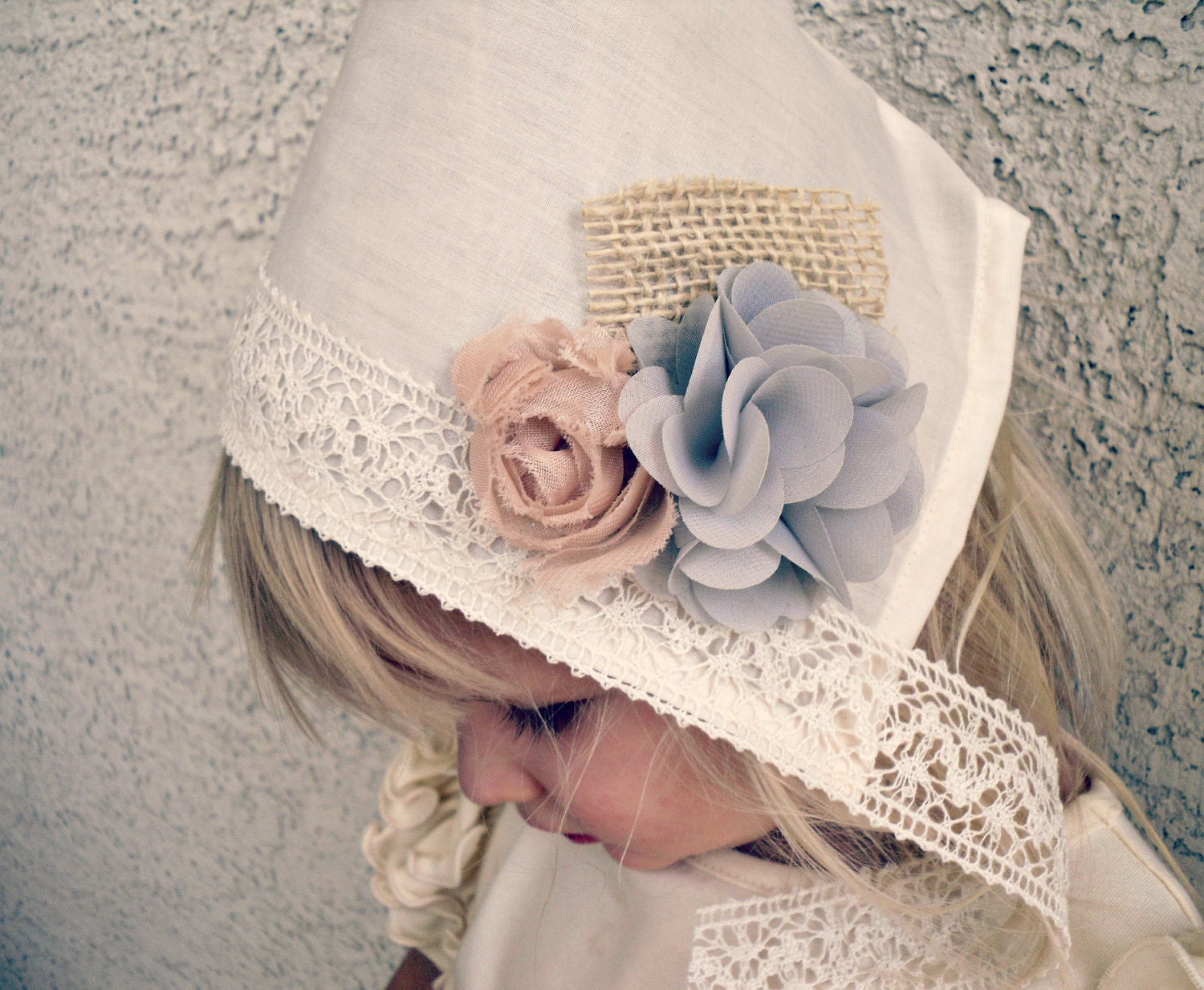 Sariah Pixie Bonnet - Creamy Lace - Gray Burlap Flowers - Newborn Baby Girl Photography Prop