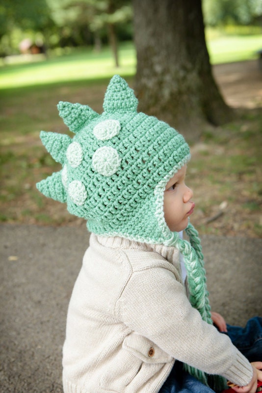 Dinosaur Dragon Hat - All Sizes Available - Medium Green with Light Green Spots and Rust Spikes - 1 to 3 years