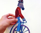 DIY Circus Zebra Paper Puppet Doll Set on PennyFarthing Bicycle for Retro Paper Play & Party, Blue, Red, Stripes