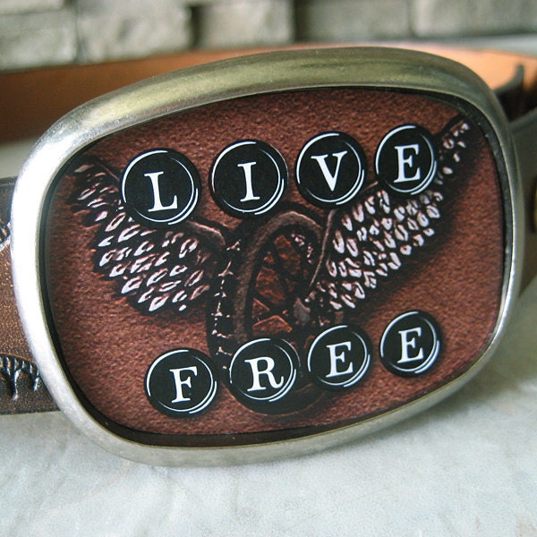 mens womens belt buckle, biker winged wheel, boho, free spirit  - Live Free
