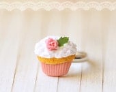 Food Jewelry - Cupcake Ring - Medium Pink Rose Cupcake Ring - Gift For Her