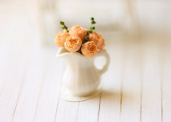 Dollhouse Miniature Flowers - Peach Pink Peonies in White Porcelain Jug