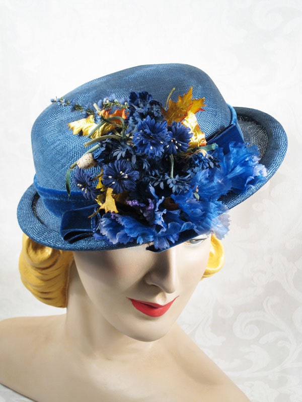 Vintage Hat 1940s Helen Joyce Slate Blue Straw Derby with Flowers