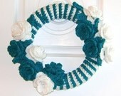 Handmade 12 Inch Crochet Teal Wreath with Roses