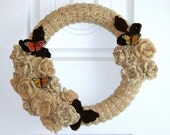 Handmade 14 Inch Beige Crochet Rose Wreath with Butterflies