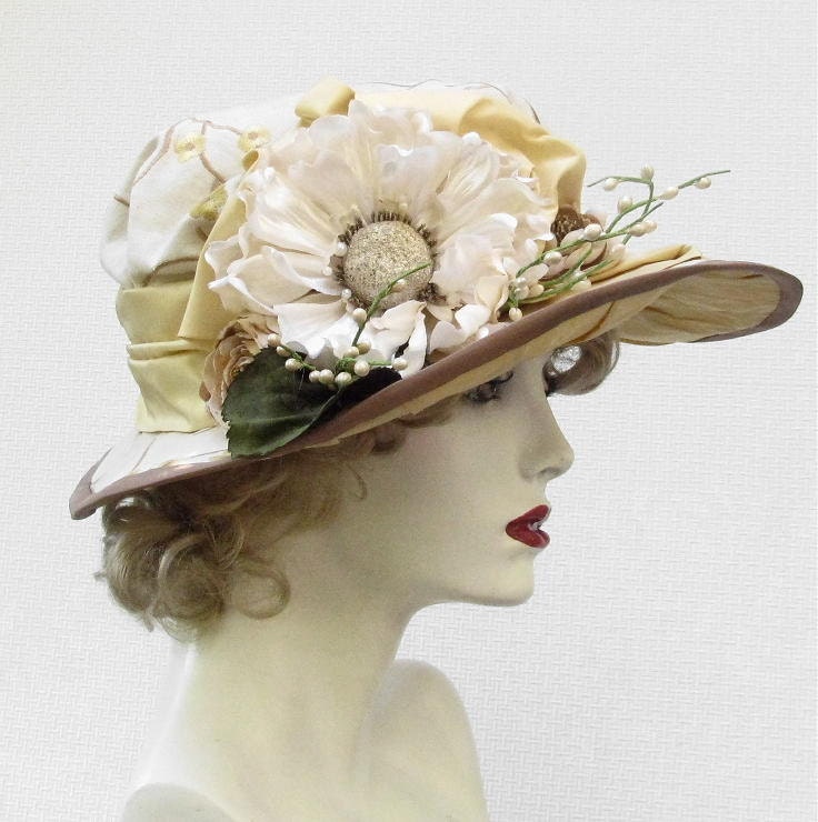 Womens Hat Victorian Large Flower Titanic Summer Hats with Wide Brim in Soft Yellow Linen Fabric