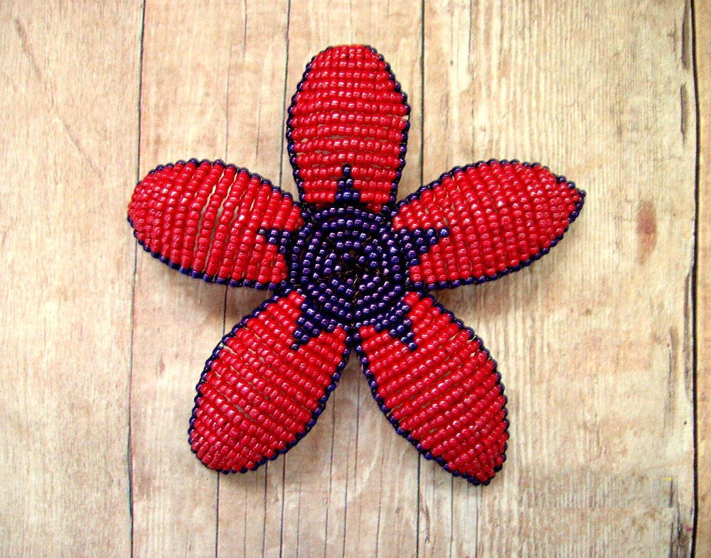 Hair Clip or Brooch Pin - Red and Purple Art Deco Style Beaded Flower - Ododo Originals