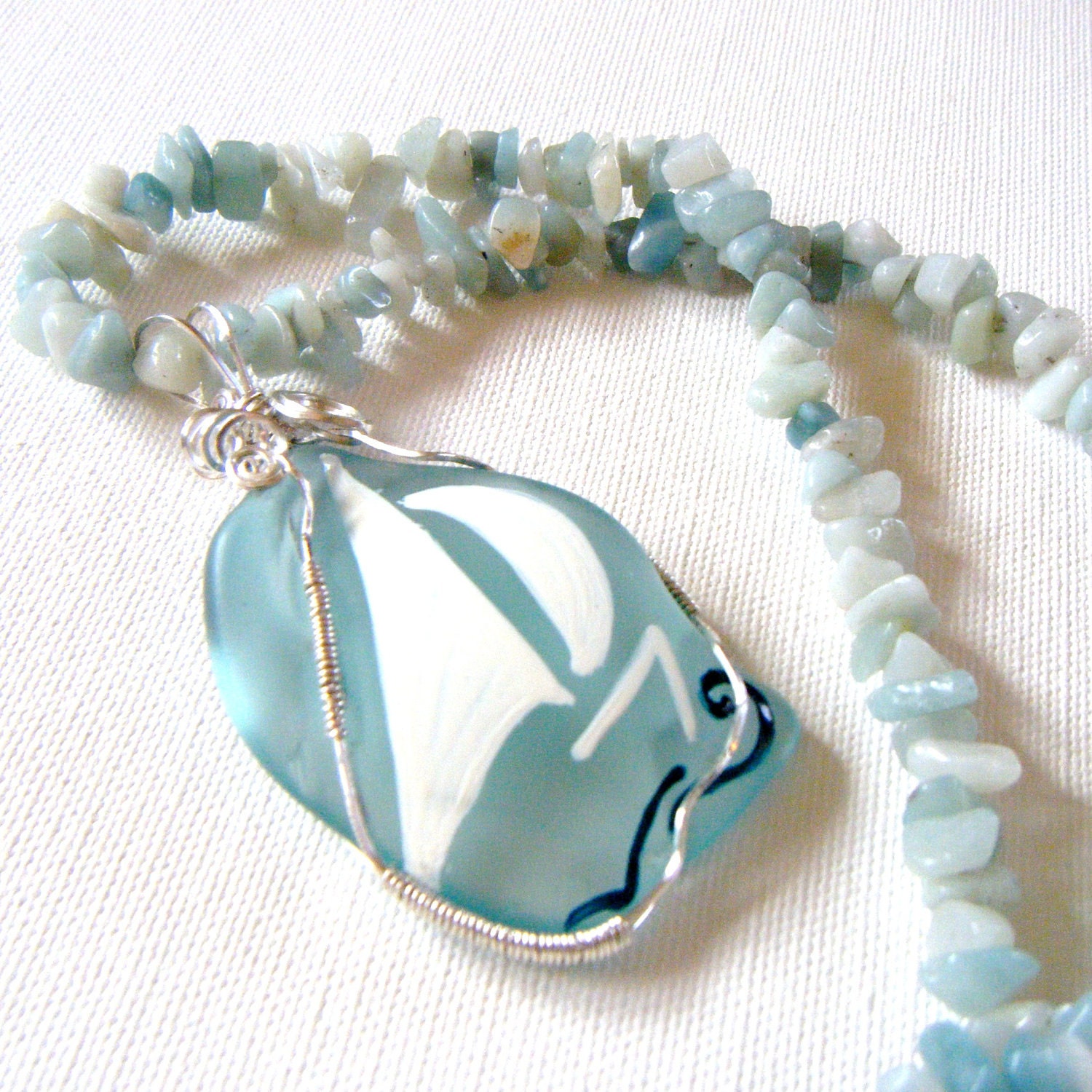 Take Two Huge Painted Sailboat on Rare Blue Seaglass Wrapped in Solid Sterling Siver Pendant with Amazonite Necklace