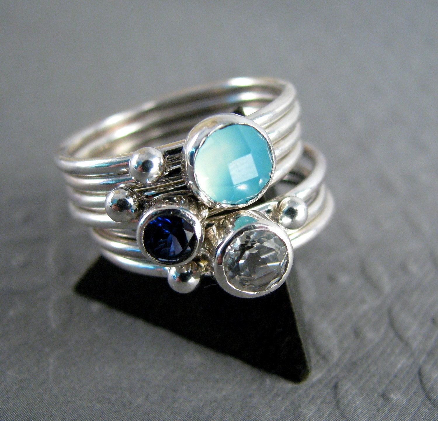 Gemstone Stacking Rings - Crisp - Chalcedony, White Topaz and Lab Sapphire