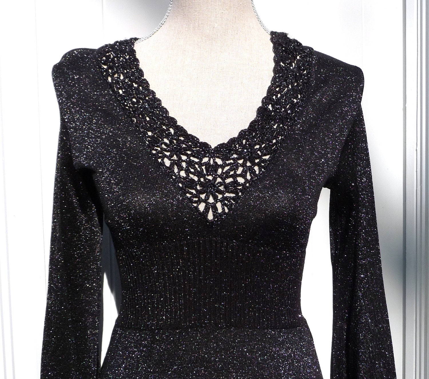 SeXy Black METALLIC KNIT Maxi Dress LUREX Silver Gown Sparkly Formal Evening Floor Length Vintage 1970s 8 10 Wenjilli 70s