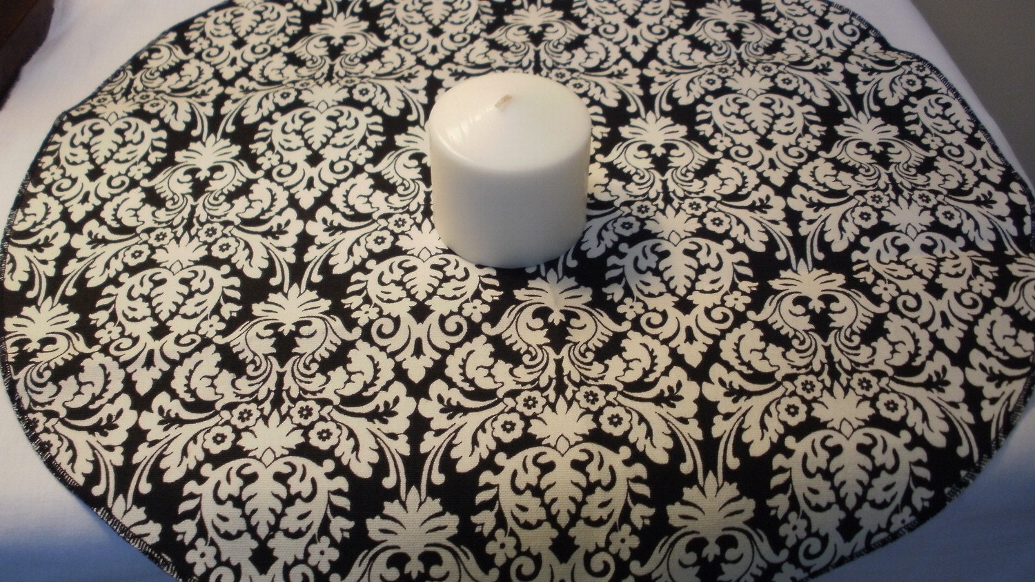 BLACK  IVORY Table Round for Centerpieces Black Ivory Damask Muse Fabric  20" or Your Choice of Any Black and Ivory Cream Patterns Shown