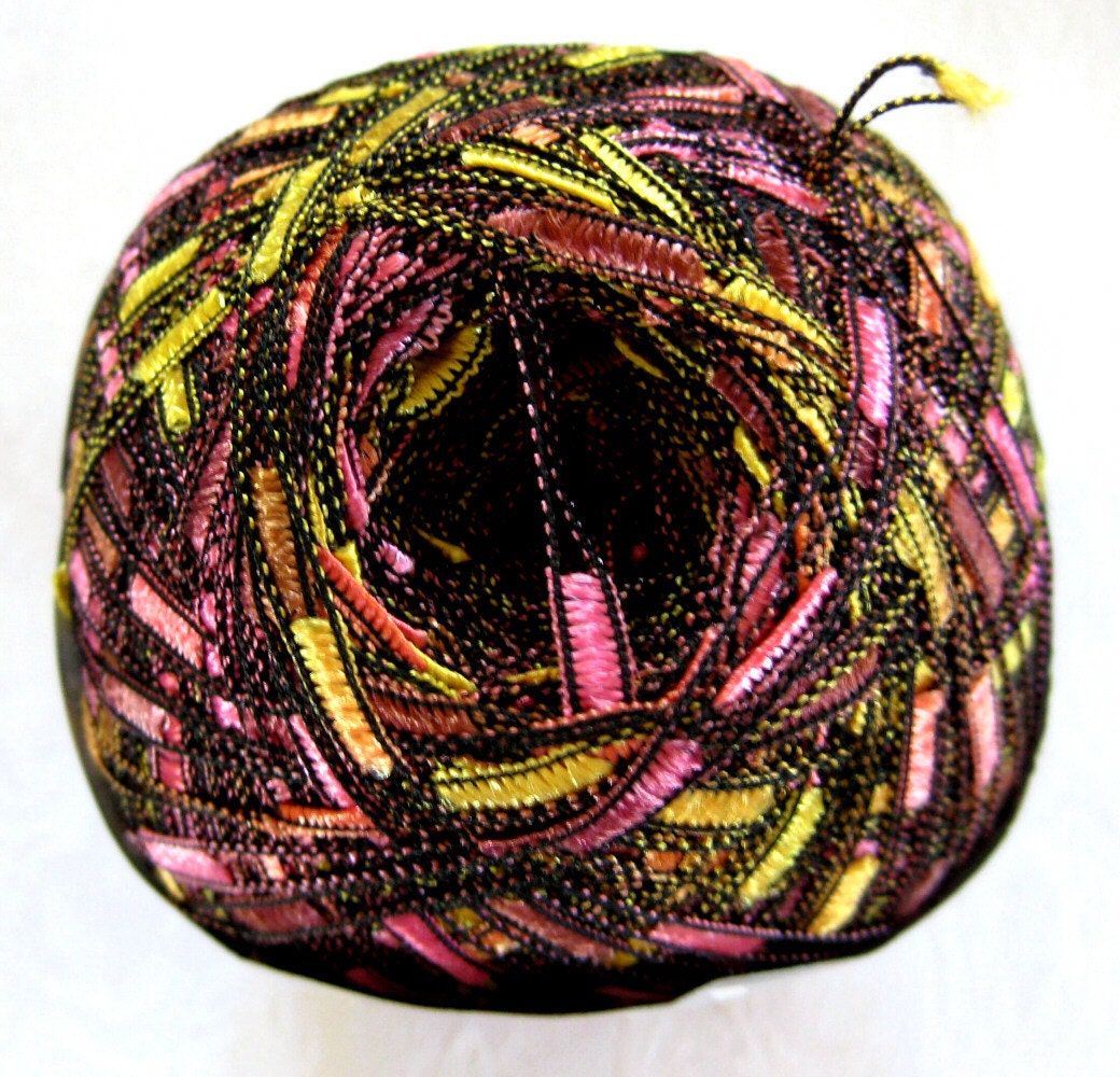 Ice Ladder Ribbon yarn, trellis yarn, pink yellow orange brown, Lux ladder