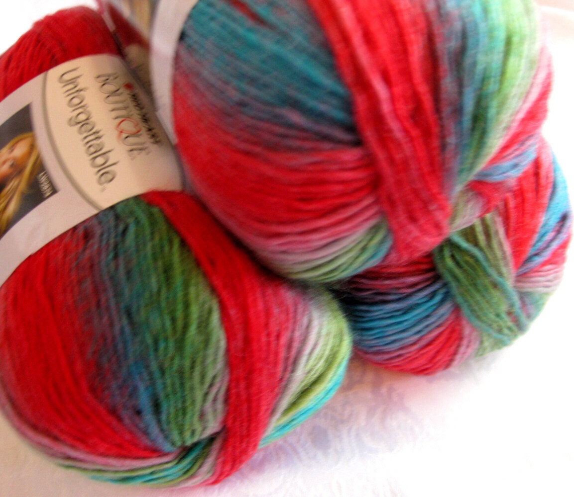 Boutique Unforgettable yarn in Parrot, bright shades of red, green, blue worsted weight, Red Heart Boutique