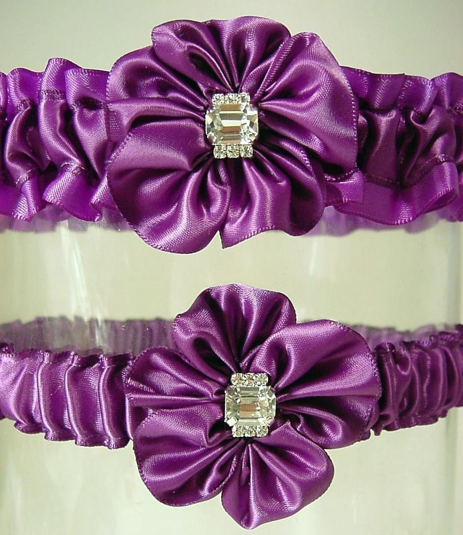 wedding garter set The original BASHFUL BRIDE BLING in purple  a Peterene original design Crystals