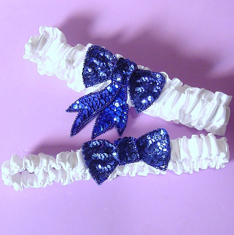 wedding garter set Something blue bows  rhinestones