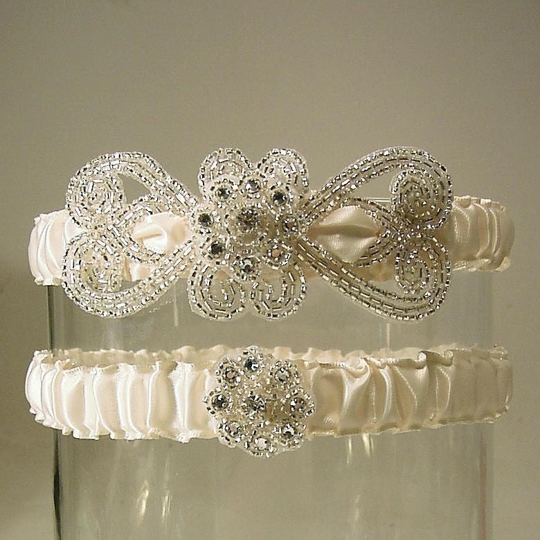 wedding garters Empress set white  silver and white wedding