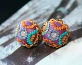 Jewel Tones Stud earrings with swarowski crystal and  Polymer clay in brass filigree setting - Sweet Sunrise