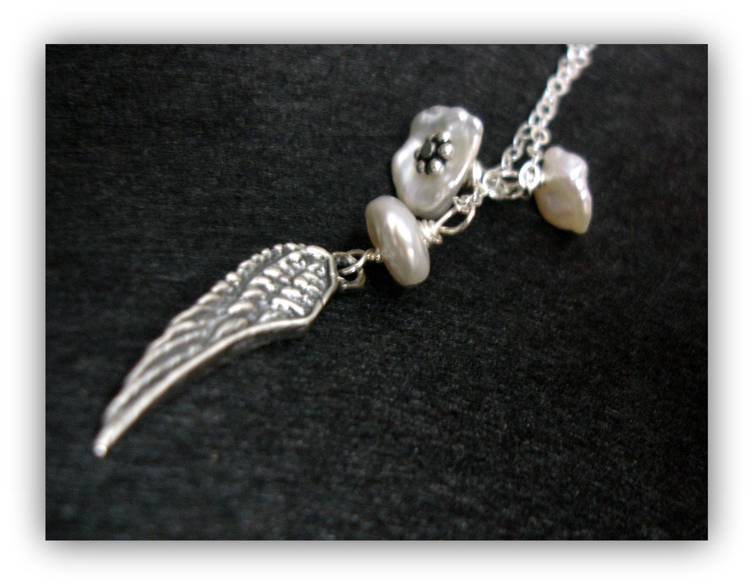 Antiqued Angel Wing necklace with keishi Pearls in Sterling Silver  - Purity