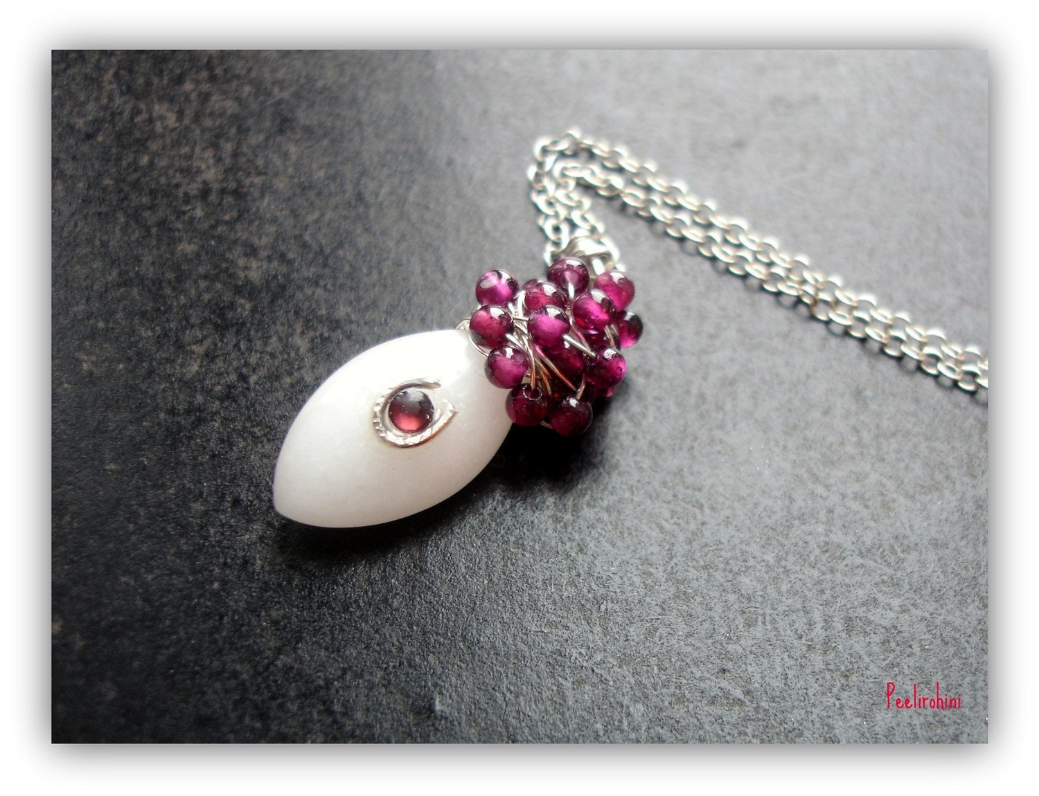 White Agate with stone and Rhodolite garnet wirewrapped sterling necklace - The Eye