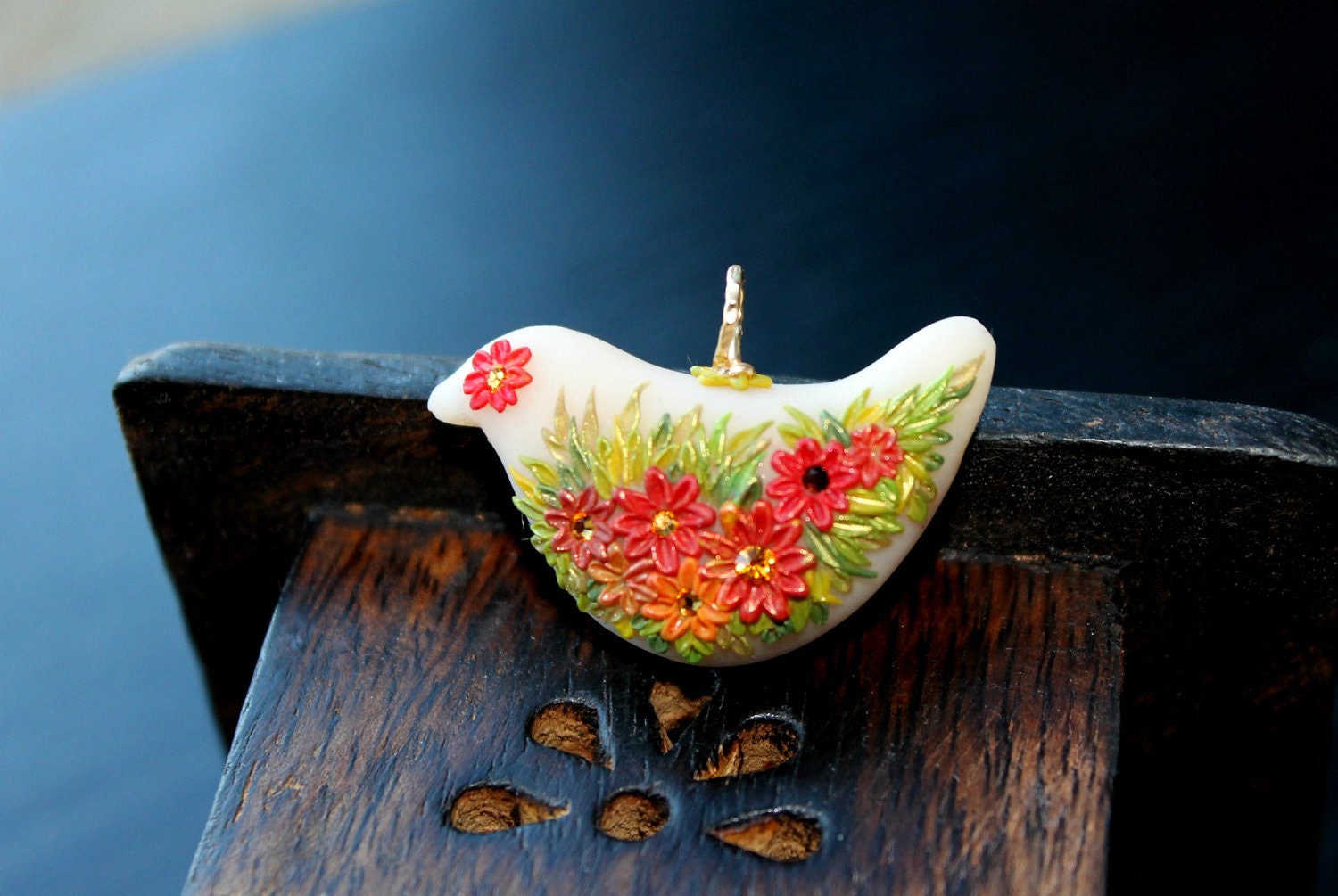 Handmade Lovely Creamy White Chickadee with flowers and Swarowski crystal and Gold Fill - Red roses on Snow