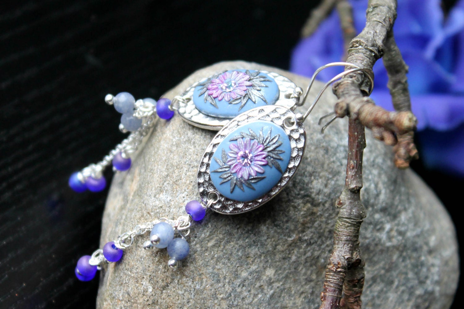 Purple Aventurine and Vintage Blue glass beads long sterling earrings with swarowski crystal and clay details - Blueberry Pie