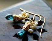 Gold , Pearl and Kyanite earrings - Lovely kyanite with Keishi Pearls wirewrapped gold fill earrings - Frozen