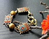 Teal Turquoise,red rust  clay, brushed satin brass beads ,vintage findings brass bracelet  - clay floral -  Postcards  from Paris