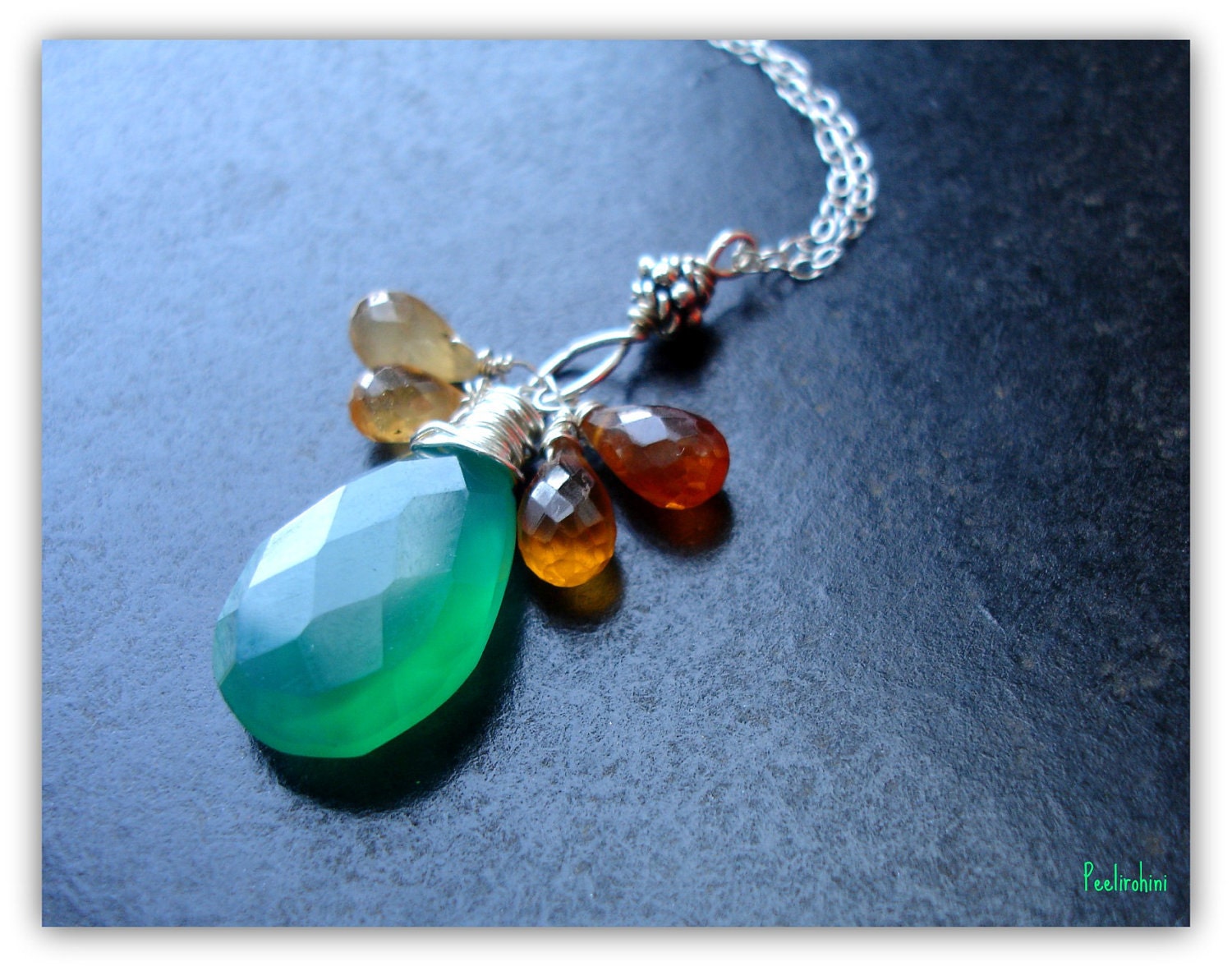 Big Faceted Green Onyx and Hessonite Garnet necklace in Sterling Silver - The Cool and the Warm