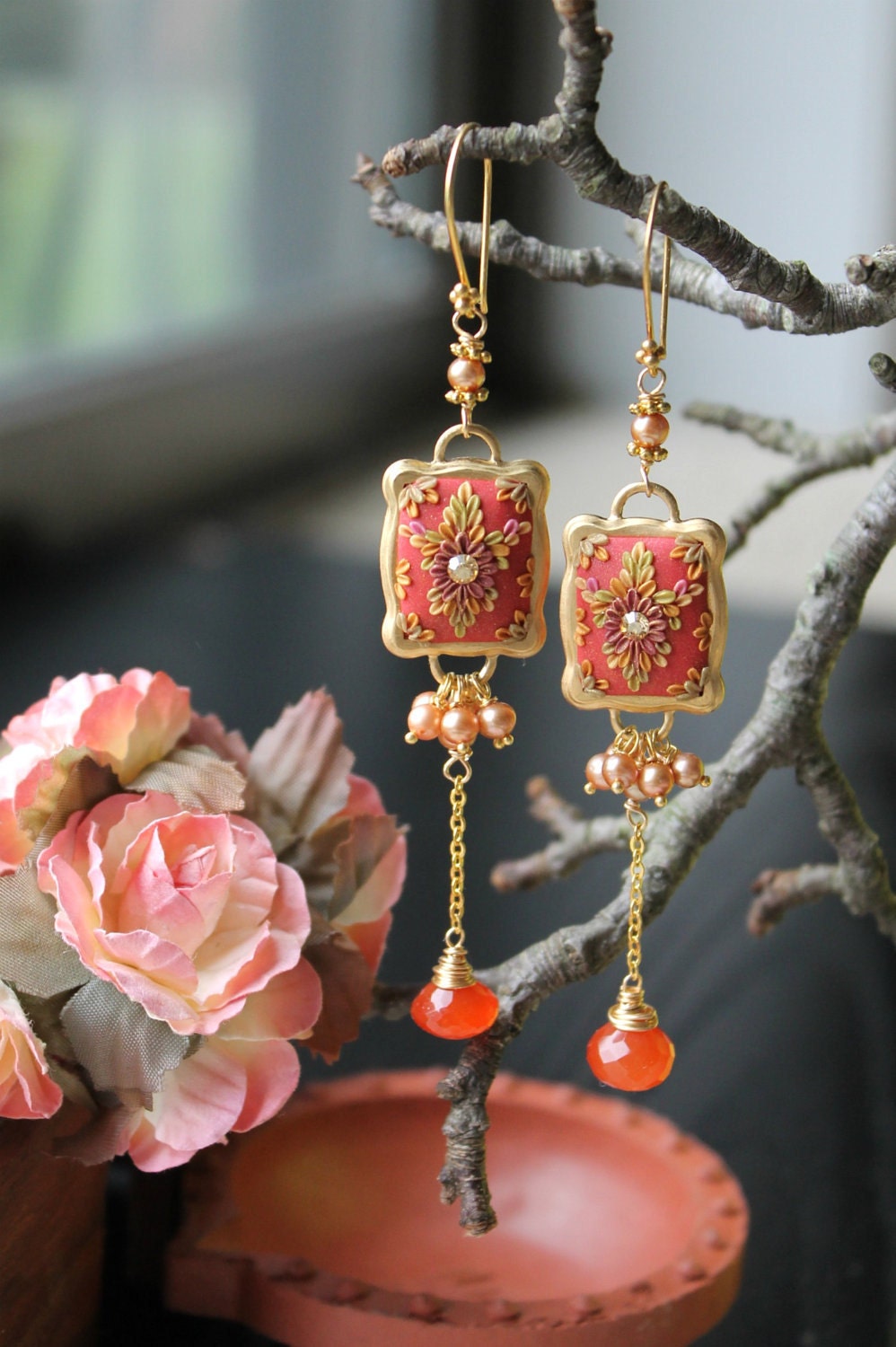 golden freshwater pearls, deep orange carnelian and polymer clay floral long dangle earrings - Tangerina Ballerina