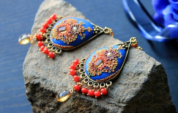 Citrine and Vintage red coral glass beads with brass filigree frame and clay floral 24k gold Statement earrings - Splashes of Sunset