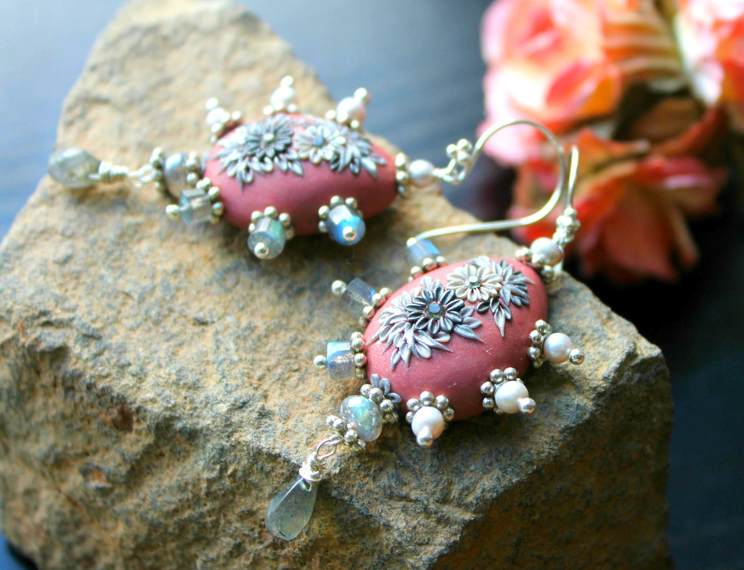 Pale Silvery freshwater pearl ,labradorite in sterling silver earrings - Floral Polymer  Clay bead and crystals - The Falls of Uluru