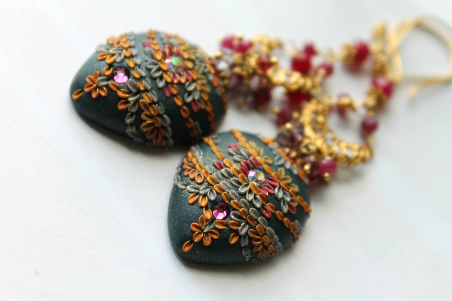 Natural Ruby, Rubellite and Ruby Jade gemstone cluster clay floral  gold earrings - Henna
