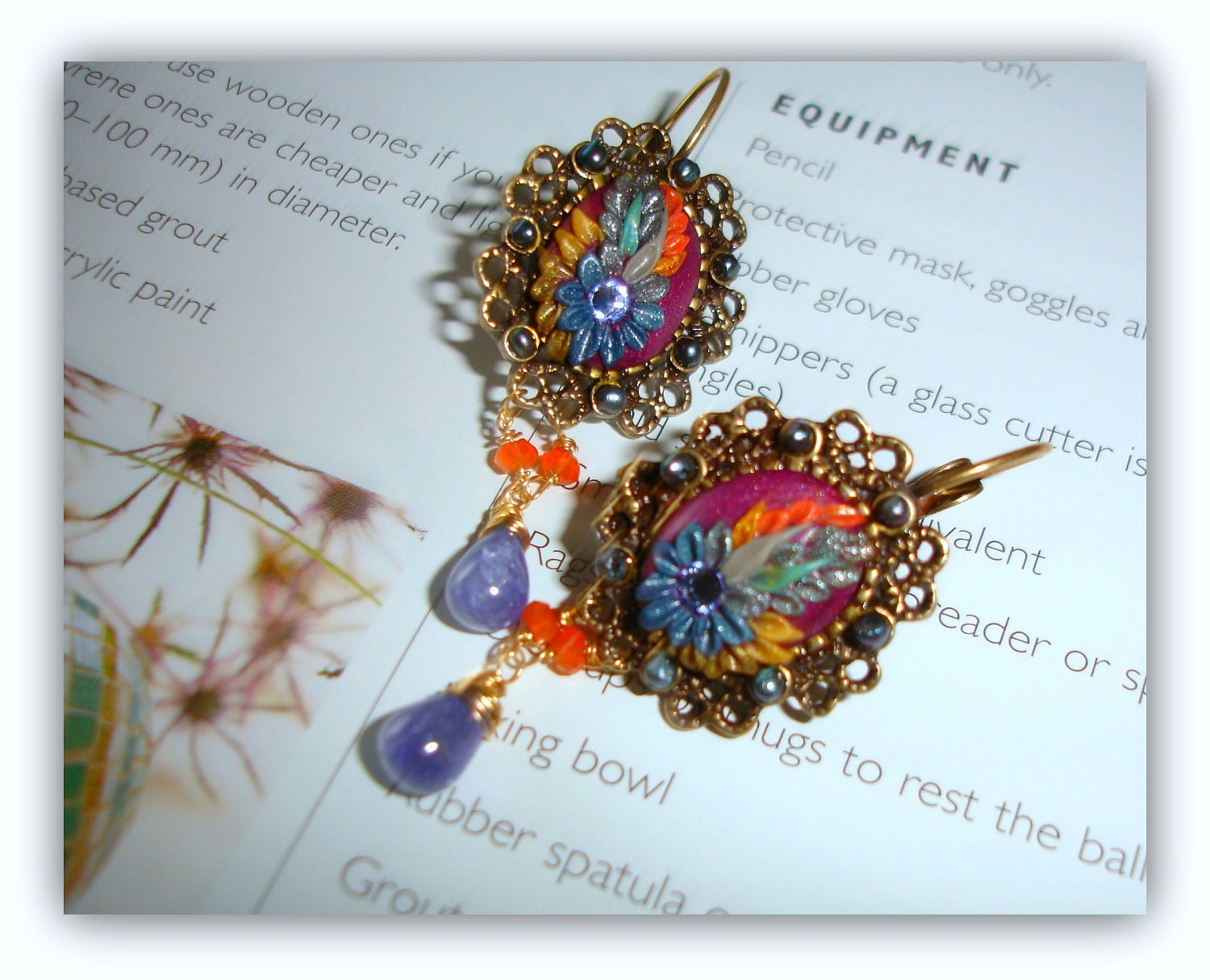Vintage Ornate Brass Tanzanite earrings with Freshwater seed pearls ,Carnelian, Polymerclay and Swarowski rhinestones - Siren's Song