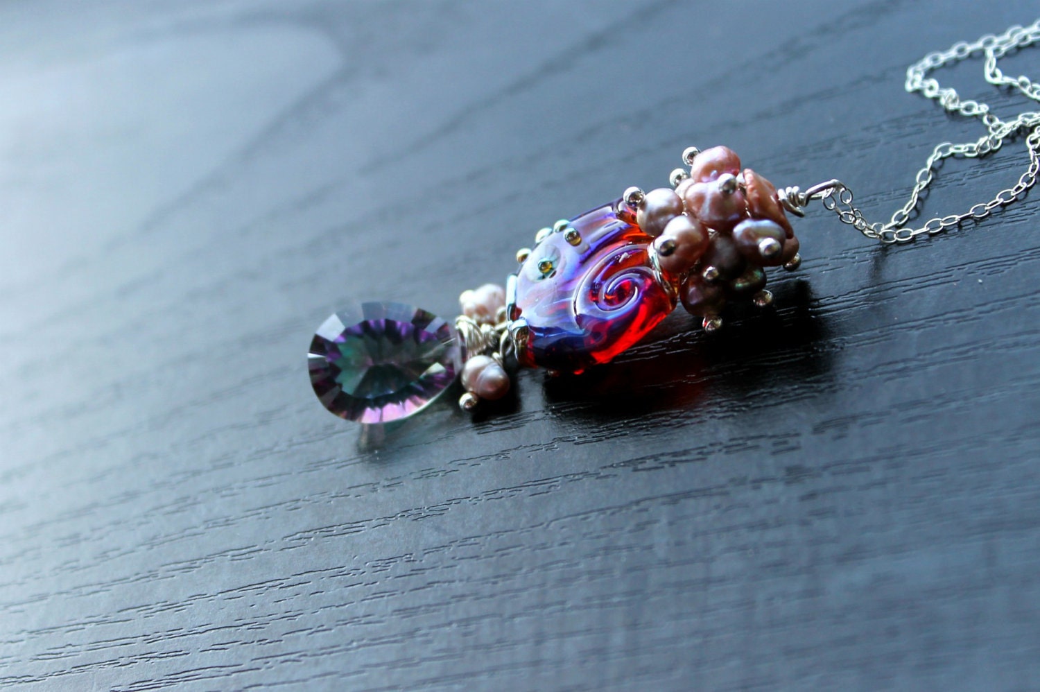 Mystic Topaz, Mauve freshwater pearls,Iridiscent Lampwork bead in sterling silver necklace - Purple Opal