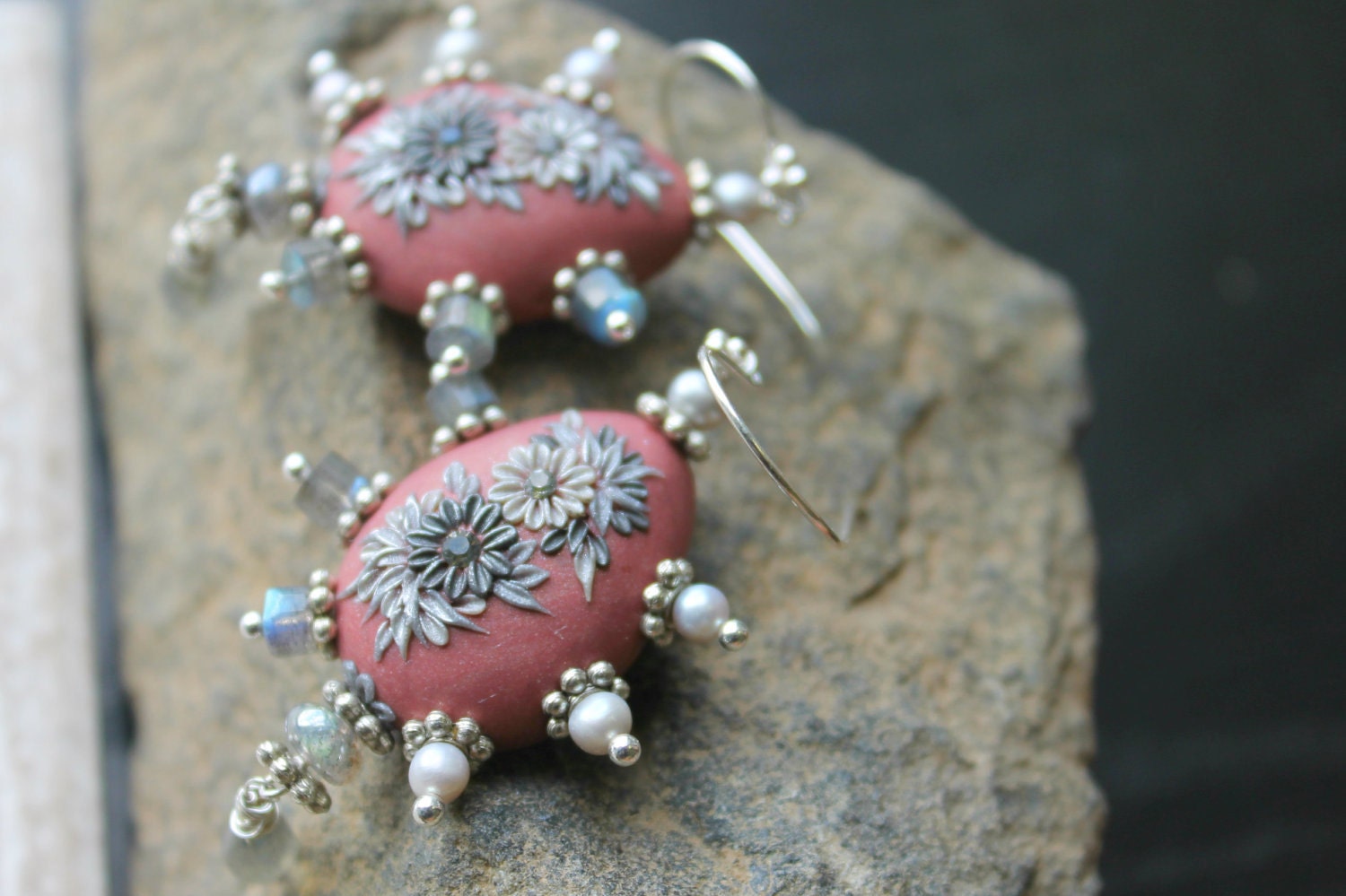 Pale Silvery freshwater pearl ,labradorite in sterling silver earrings - Floral Polymer  Clay bead and crystals - The Falls of Uluru