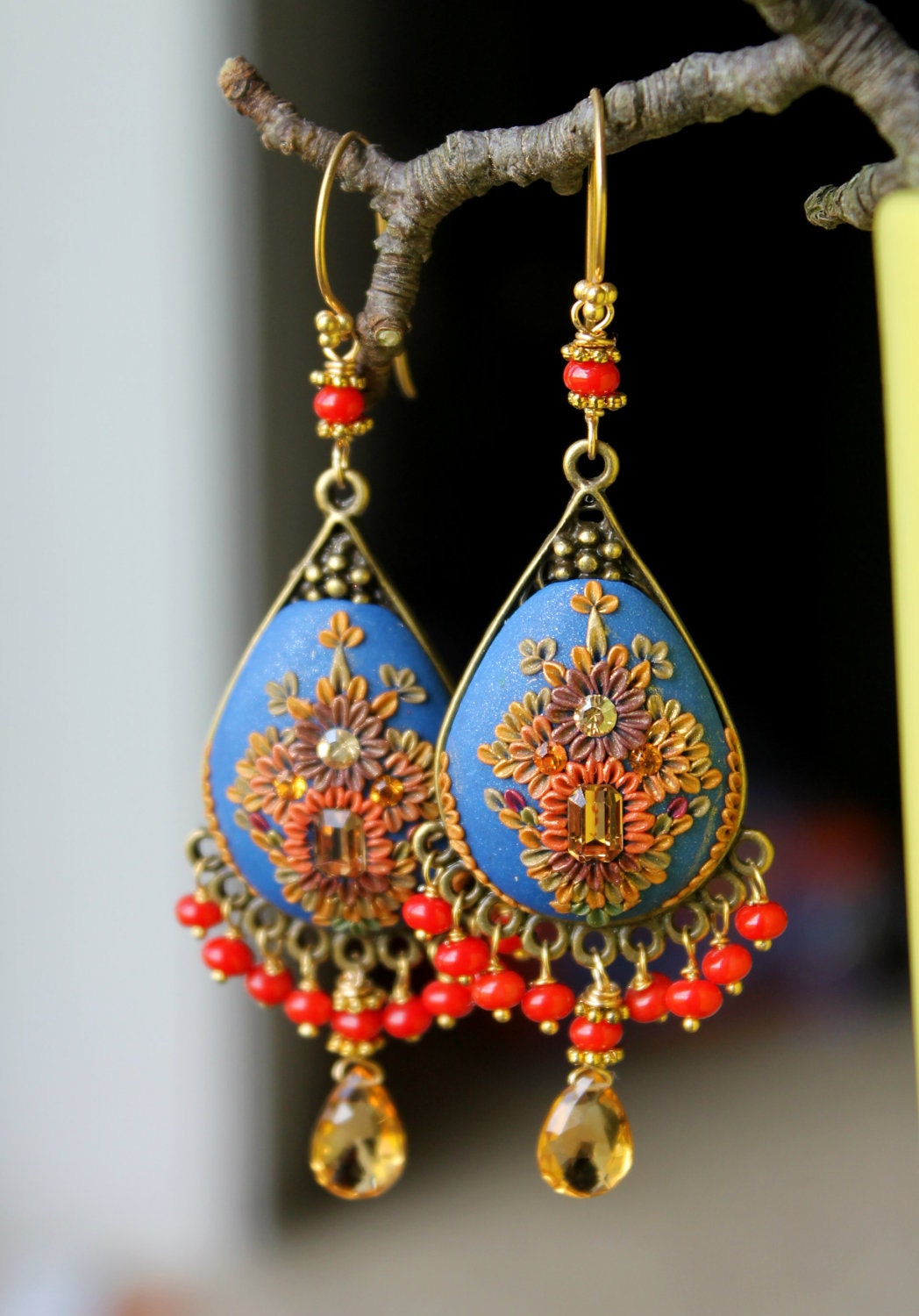 Citrine and Vintage red coral glass beads with brass filigree frame and clay floral 24k gold Statement earrings - Splashes of Sunset