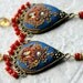 Citrine and Vintage red coral glass beads with brass filigree frame and clay floral 24k gold Statement earrings - Splashes of Sunset