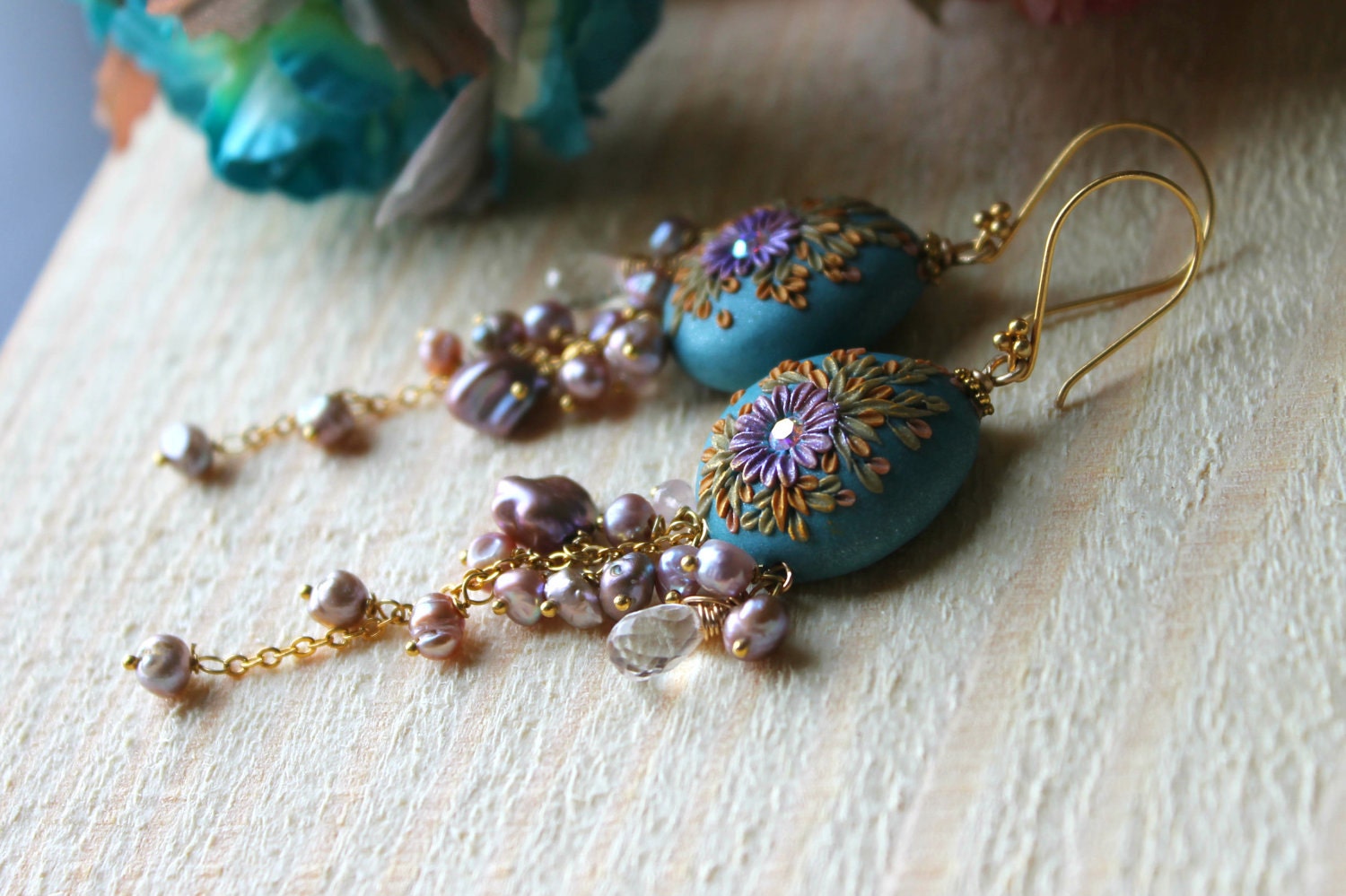 Sparkly Rose Quartz, Mauve Pink Keishi, baroque pearls, blue clay floral details in bali 24k vermeil gold earrings - A Love,Soft and Sweet