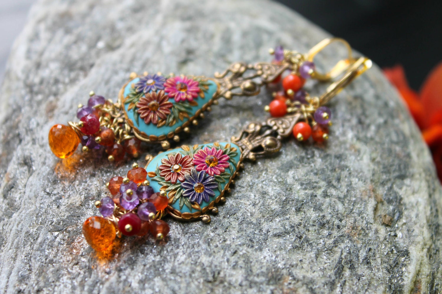 Gemstone cluster - Amethyst, coral, Ruby , Andalusite ,mexican Opal quartz gold earrings - Summer Confetti