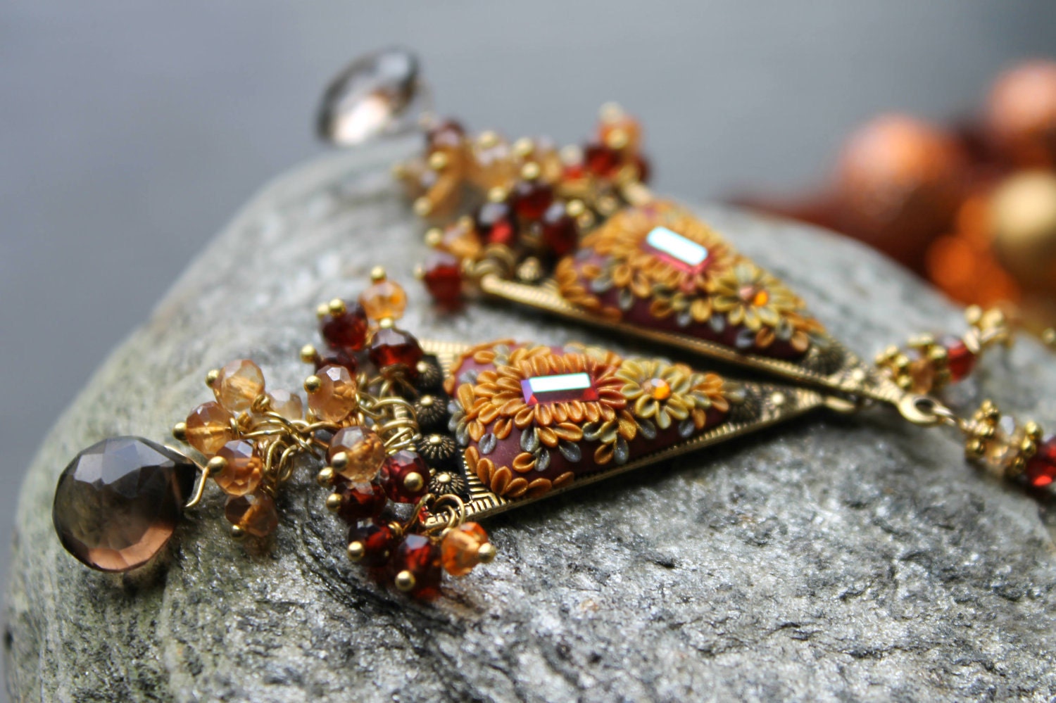 Smokey Quartz, garnet, champagne quartz, andalusite and clay floral gold earrings - The Sun Setting Golden