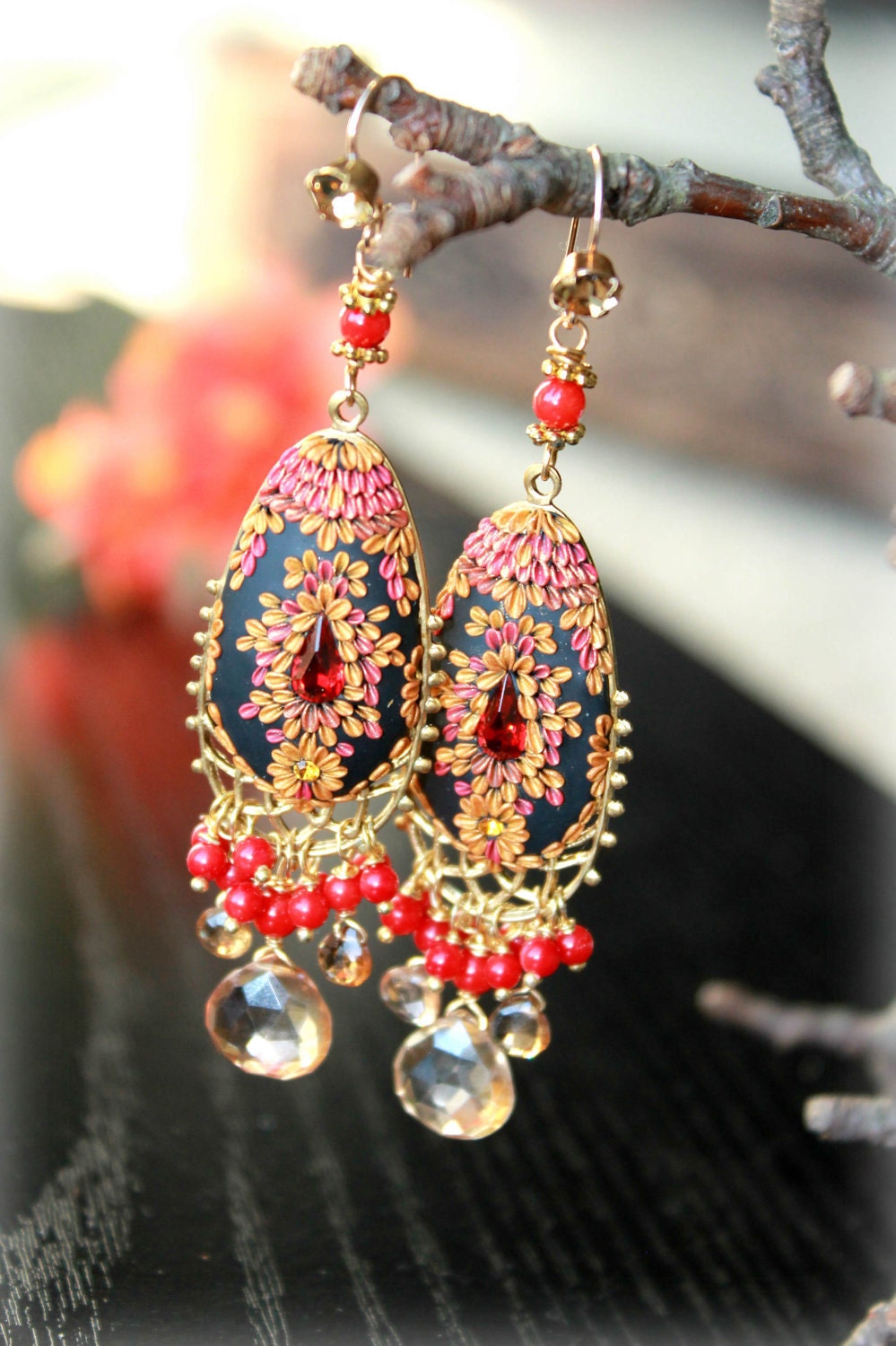Tundra Sapphire, Coral and champagne quartz earrings on lovely brass finding - vintage swarowski Clay floral earring - El baile flamenco