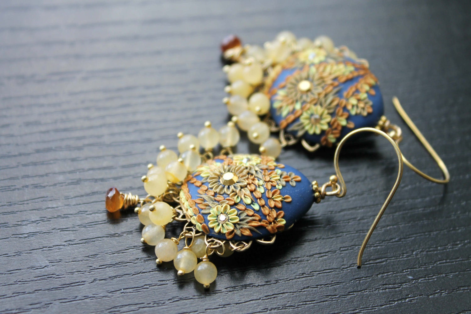 Hessonite Garnet, Yellow Jade and clay floral gold earrings in Navy and shades of yellow and Gold - Buttercup Garden