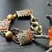 Teal Turquoise,red rust  clay, brushed satin brass beads ,vintage findings brass bracelet  - clay floral -  Postcards  from Paris