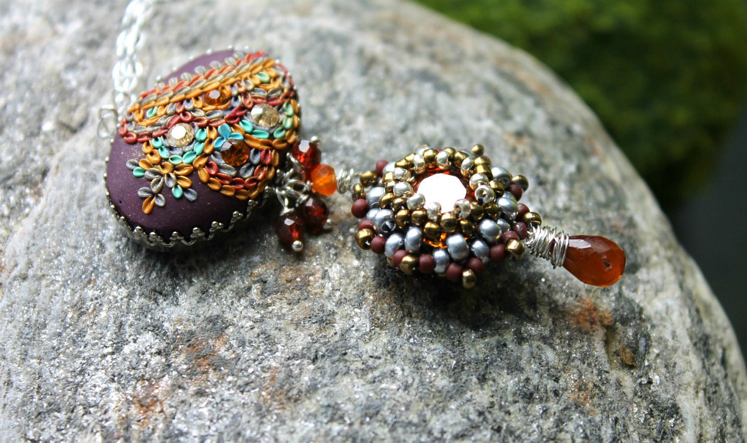 Swarowski beaded bead, handmade clay floral cabachon and hessonite garnet in sterling necklace - Rain in Sahara