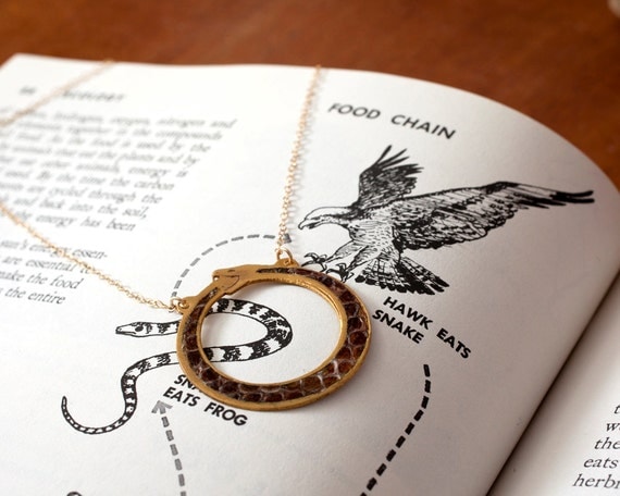 Gold Ouroboros Etched Copper Necklace, with Real Snakeskin
