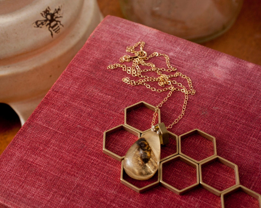 Gold Colony Collapse Real Bee Necklace, Small Teardrop